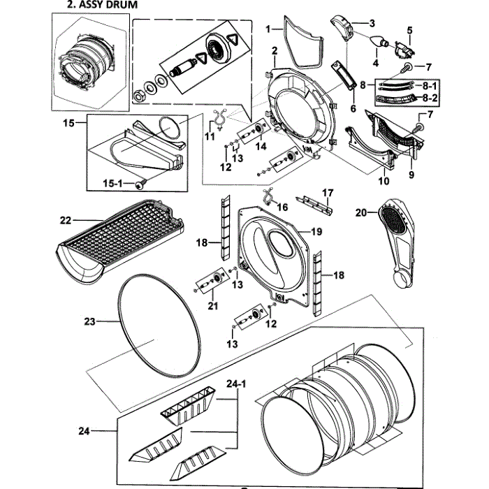 Drum Assembly Diagram and Parts List for DV337AGL XAA-00 Samsung Dryer