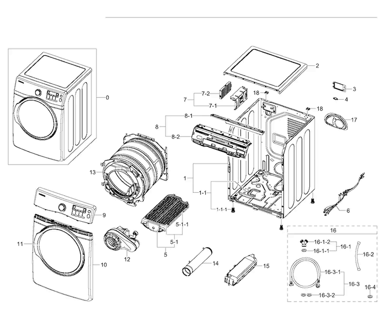 Main Assy Diagram and Parts List for DV395ETPASU A1-0000 Samsung Dryer