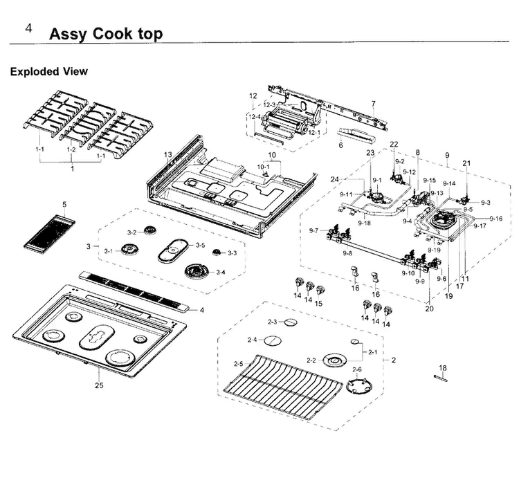 Cooktop Diagram and Parts List for NY58J9850WS AA-0000 Samsung Range