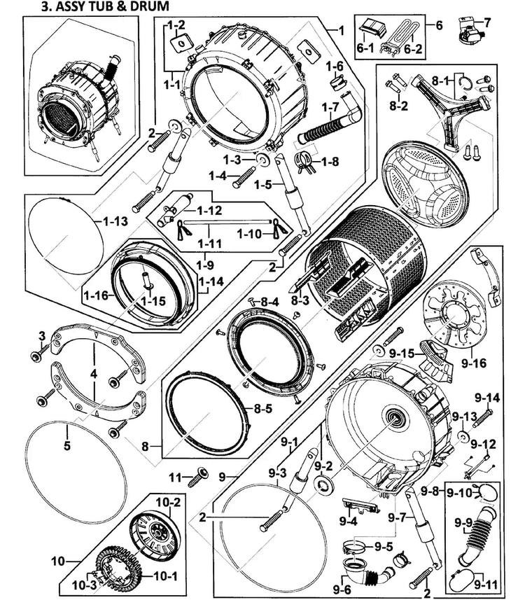 Tub/drum Assy Diagram and Parts List for WF419AAU XAA-0000 Samsung Washer