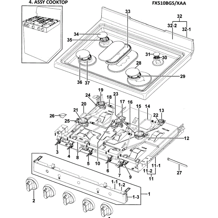 Cooktop Diagram and Parts List for FX510BGS XAA-00 Samsung Range
