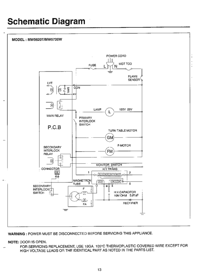 Schematic Diagram Diagram and Parts List for MW5620T XAA Samsung Microwave