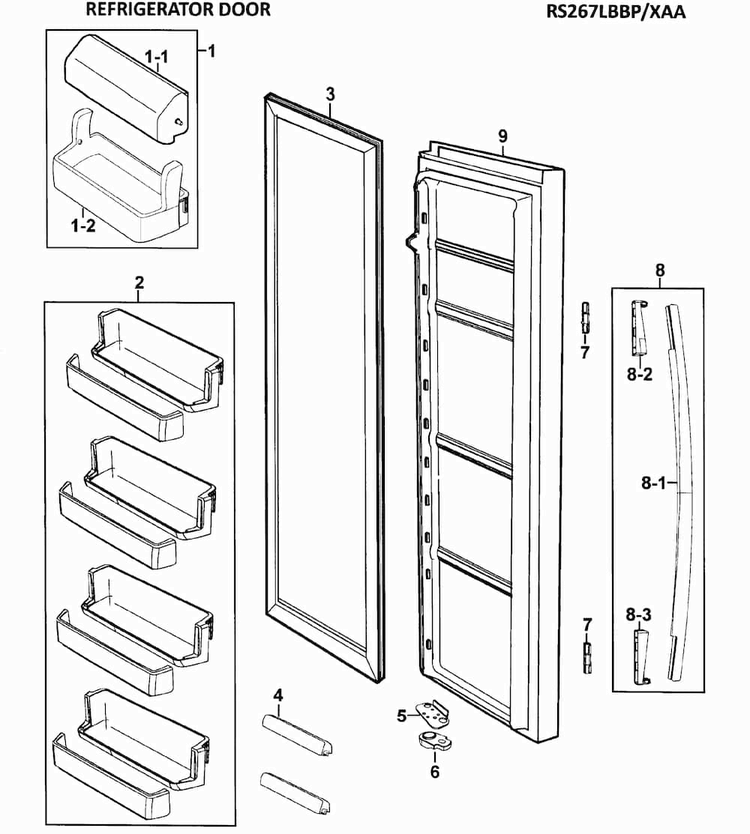 Right Door Diagram and Parts List for RS267LBBP XAA-0000 Samsung Refrigerator