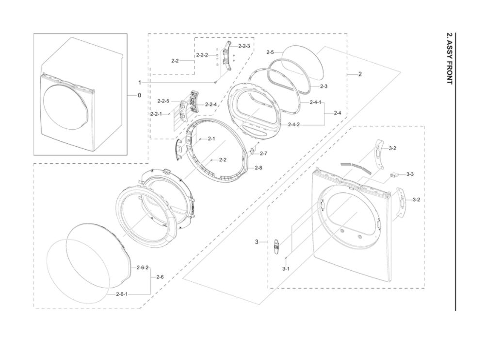Front Assembly Diagram and Parts List for DV22K6800EW A1-11 Samsung Dryer