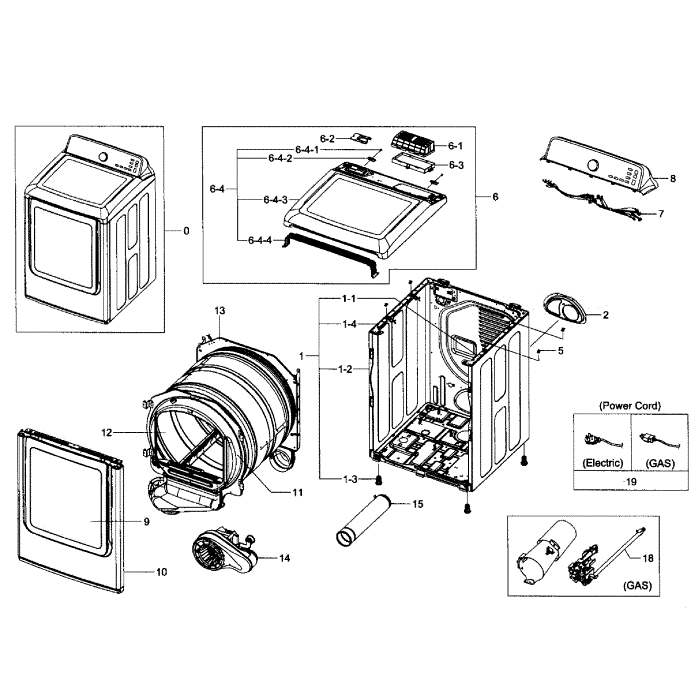 Main Assembly Diagram and Parts List for DV456GWHDWR AA-01 Samsung Dryer