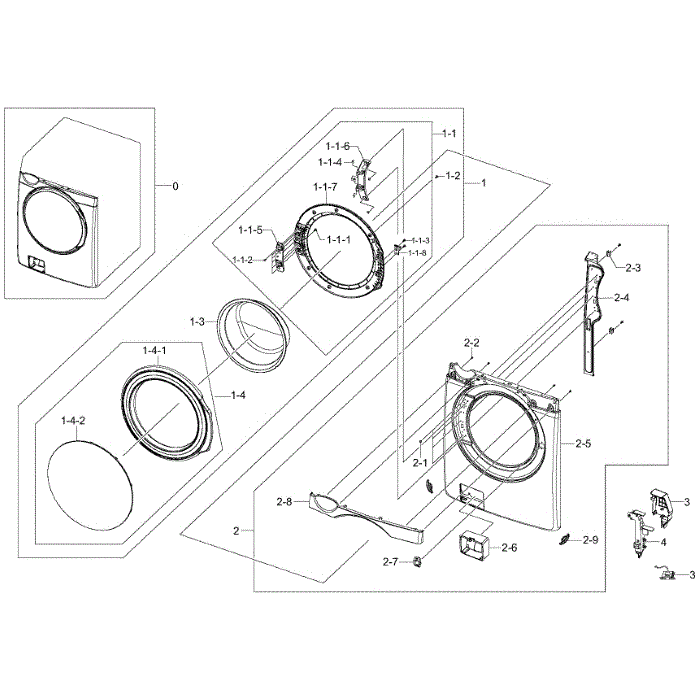 Frame Front And Door Diagram and Parts List for WF395BTPASU A2-00 Samsung Washer