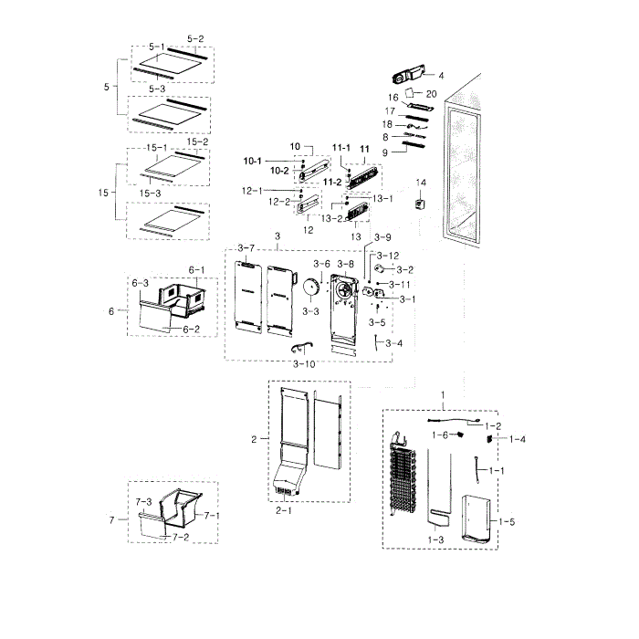 Freezer Side Diagram and Parts List for RH29H8000SR AA-00 Samsung Refrigerator