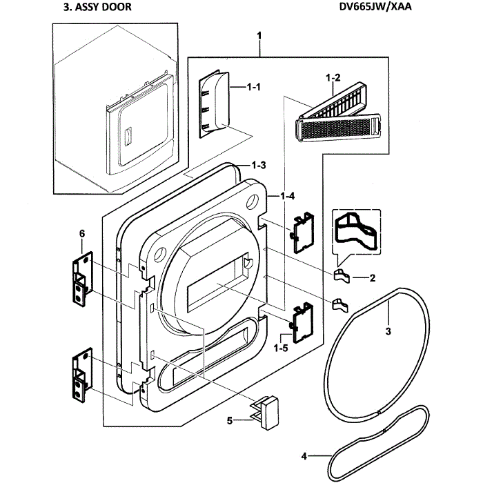 Door Assembly Diagram and Parts List for DV665JW XAA-00 Samsung Dryer