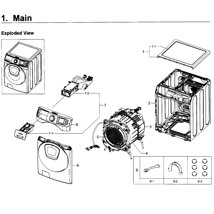 Main Assembly Diagram and Parts List for WF50K7500AW A2-11 Samsung Washer