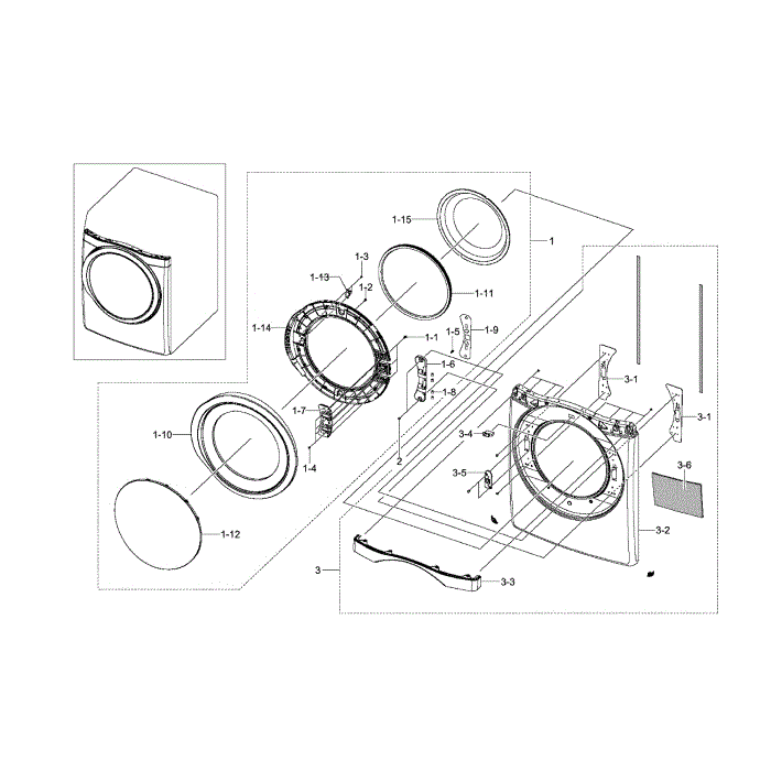 Front And Door Diagram and Parts List for DV511AEW XAA-02 Samsung Dryer