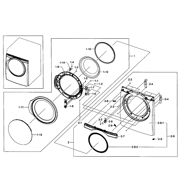 Front Assembly Diagram and Parts List for DV431AEW XAA-01 Samsung Dryer
