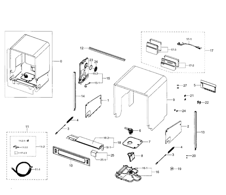Cabinet Diagram and Parts List for DW80J7550UW AA-0001 Samsung Dishwasher