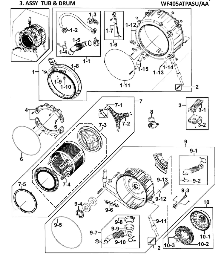 Tub Assy Diagram and Parts List for WF405ATPASU AA-0000 Samsung Washer
