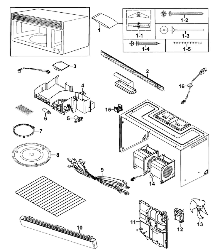 Cabinet 1 Diagram and Parts List for SMH9151ST XAA-0000 Samsung Microwave