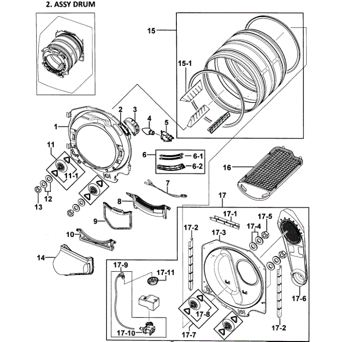 Drum Assembly Diagram and Parts List for DV338AEB XAA-00 Samsung Dryer