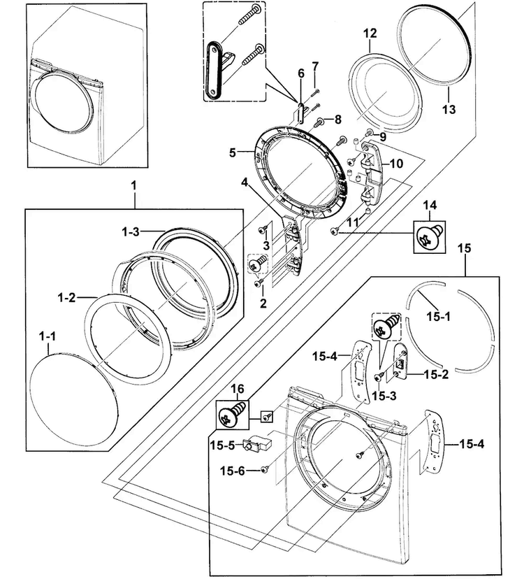 Front Assy Diagram and Parts List for DV328AGR XAA-0000 Samsung Dryer