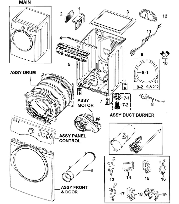 Main Assy Diagram and Parts List for DV350AGP XAA-0000 Samsung Dryer