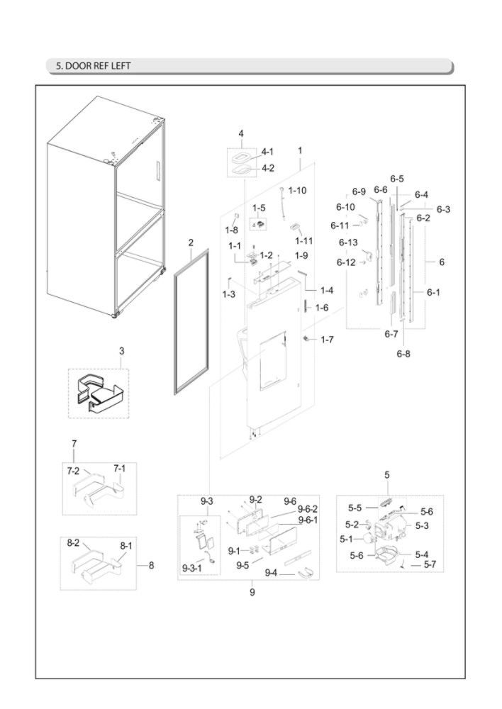 Left Refrigerator Door Parts Diagram and Parts List for RF28HDEDBSG AA-00 Samsung Refrigerator