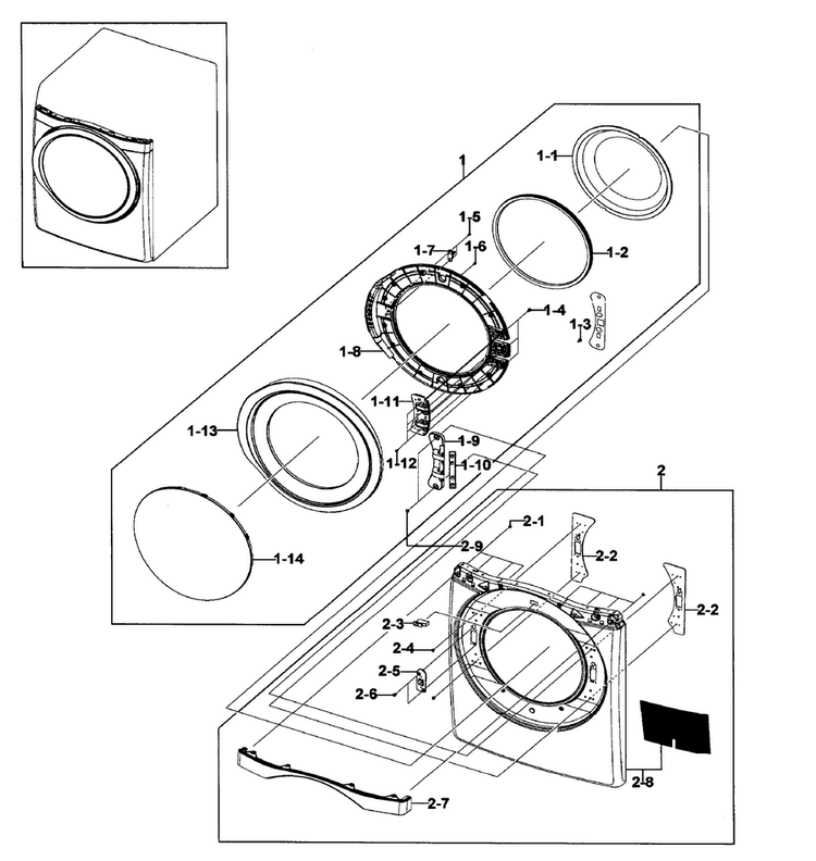 Front/door Assy Diagram and Parts List for DV511AER XAA-0000 Samsung Dryer