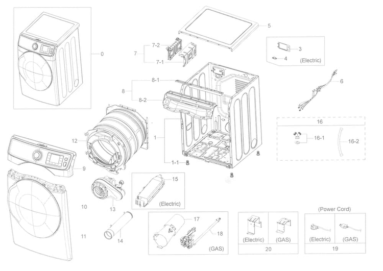 Main Asy Diagram and Parts List for DV45K6200GZ A3-0000 Samsung Dryer