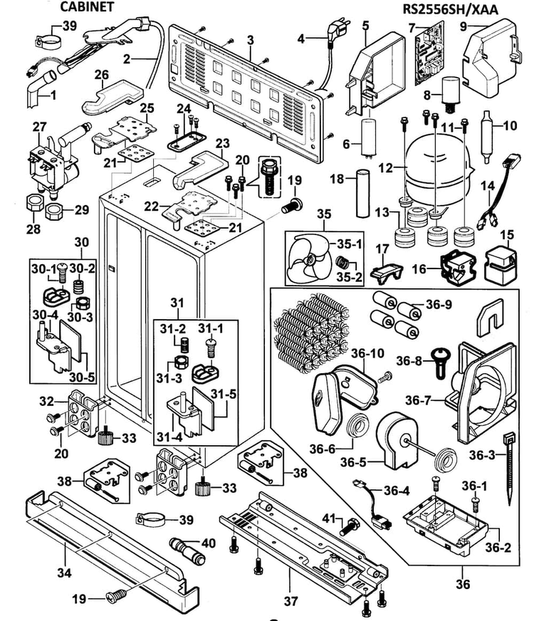 Cabinet Diagram and Parts List for RS2556SH XAA-0000 Samsung Refrigerator