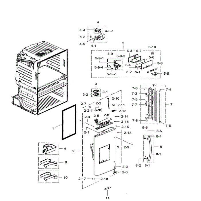 Left Door Diagram and Parts List for RF28HMEDBSR AA-08 Samsung Refrigerator