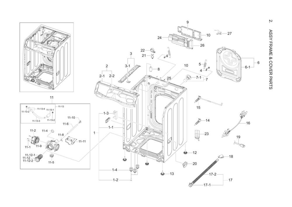 Frame And Cover Assembly Diagram and Parts List for WF42H5200AF A2-11 Samsung Washer