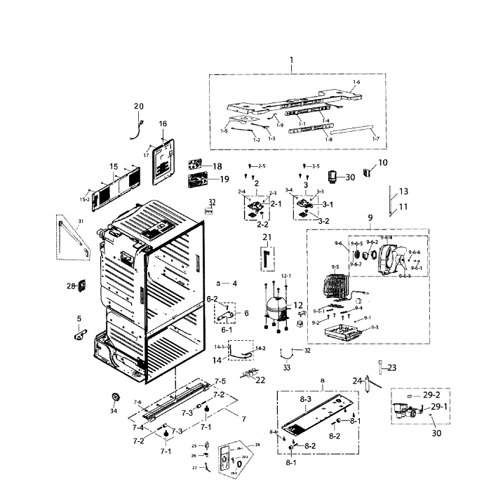 Cabinet Assembly Diagram and Parts List for RF221NCTABC AA-01 Samsung Refrigerator