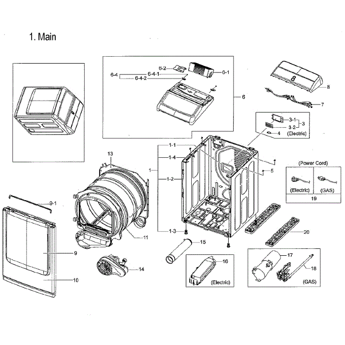 Main Assembly Diagram and Parts List for DVE54M8750V A3-00 Samsung Dryer