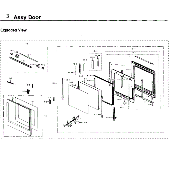 Door Diagram and Parts List for NV51K6650SG AA-00 Samsung Wall Oven