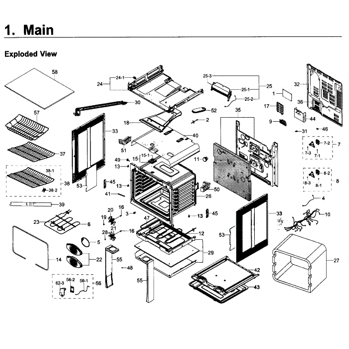 Main Assembly Diagram and Parts List for NE58K9560WS AA-00 Samsung Range