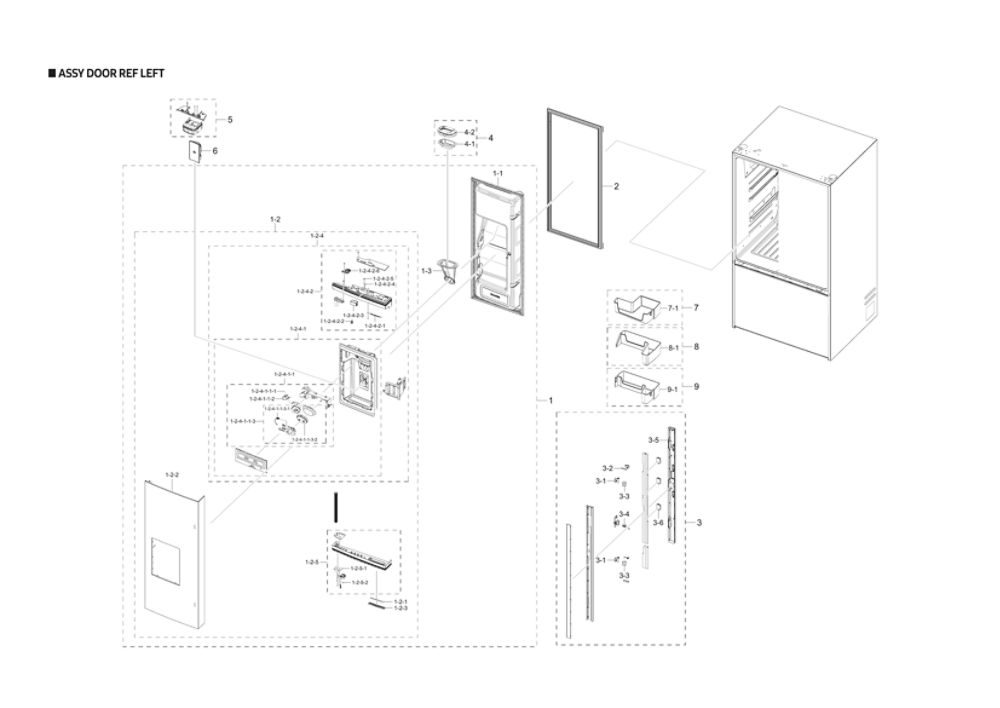 Left Refrigerator Door Assembly Diagram and Parts List for RF27T5501SG AA-00 Samsung Refrigerator
