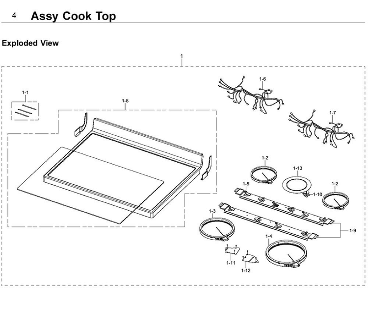 Cooktop Diagram and Parts List for NE59J3420SS AA-0007 Samsung Range