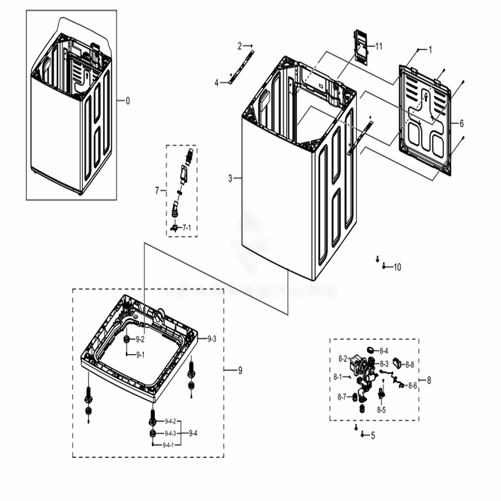 Assembly Frame Case Parts Diagram and Parts List for WA50M7450AW (A4)(0051) Samsung Washer