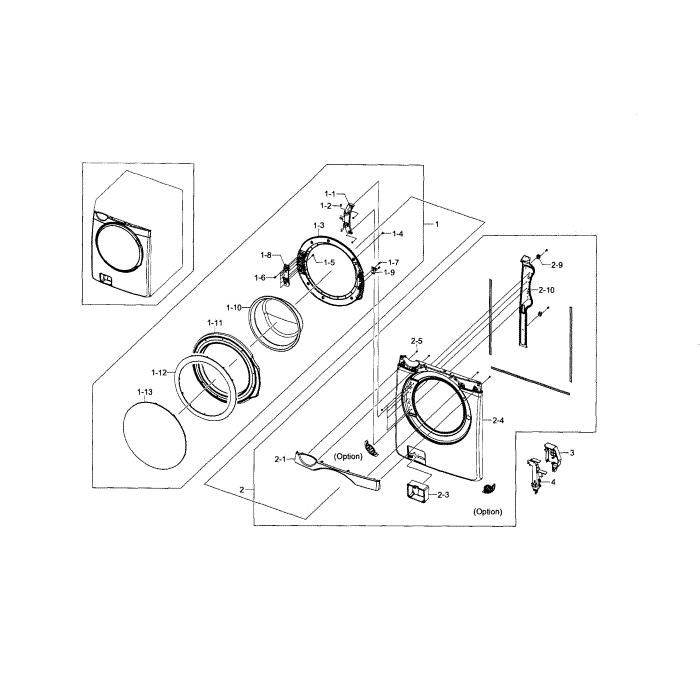 Frame Front And Door Diagram and Parts List for WF448AAW XAA-07 Samsung Washer