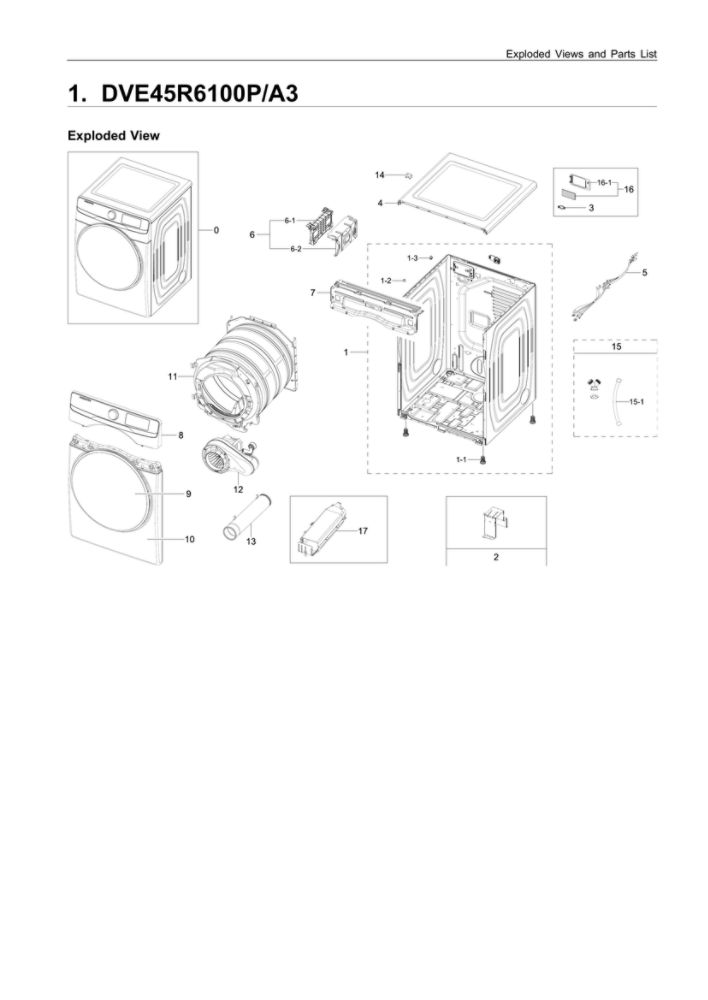 Main Unit Parts Diagram and Parts List for DVE45R6100P A3-00 Samsung Dryer