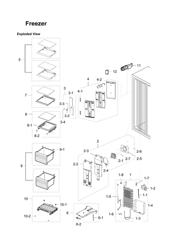 Freezer Parts Diagram and Parts List for RS22HDHPNWW AA-01 Samsung Refrigerator
