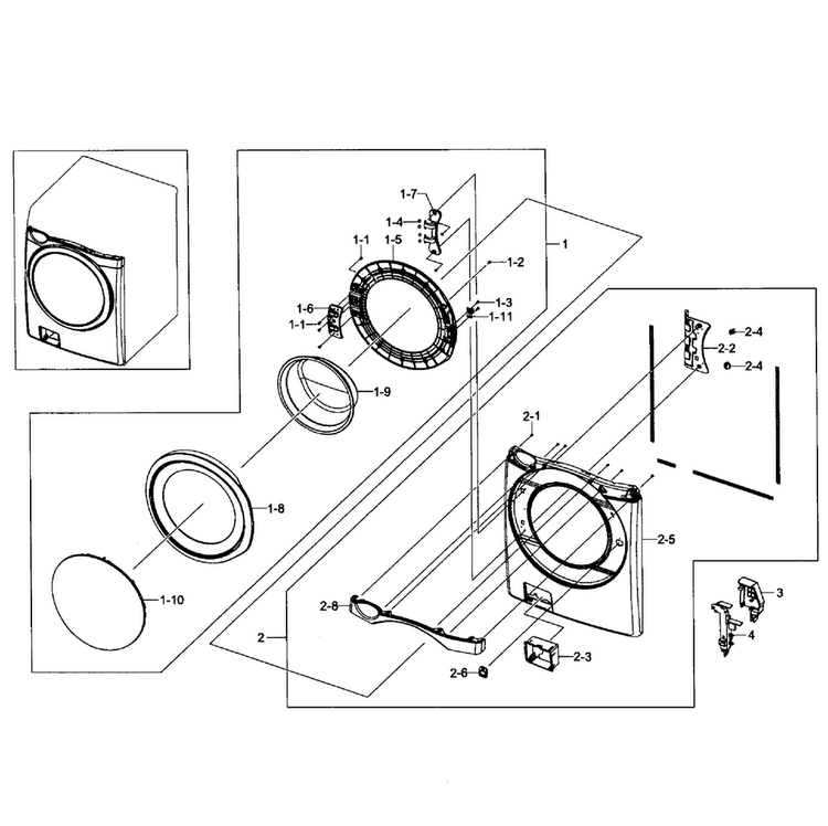 Front/door Assy Diagram and Parts List for WF435ATGJRA A1-0001 Samsung Washer