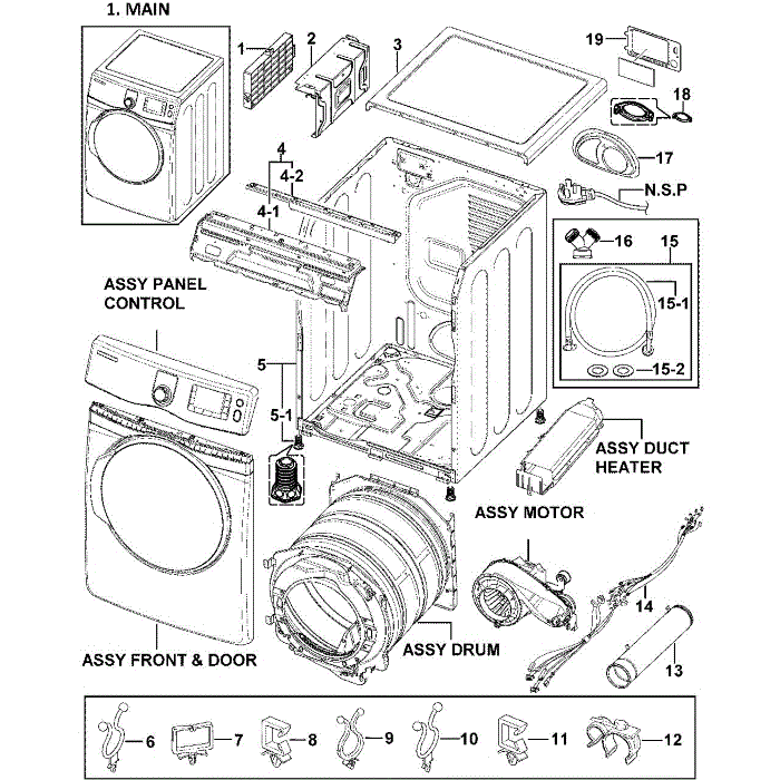 Main Assembly Diagram and Parts List for DV419AEW XAA-00 Samsung Dryer