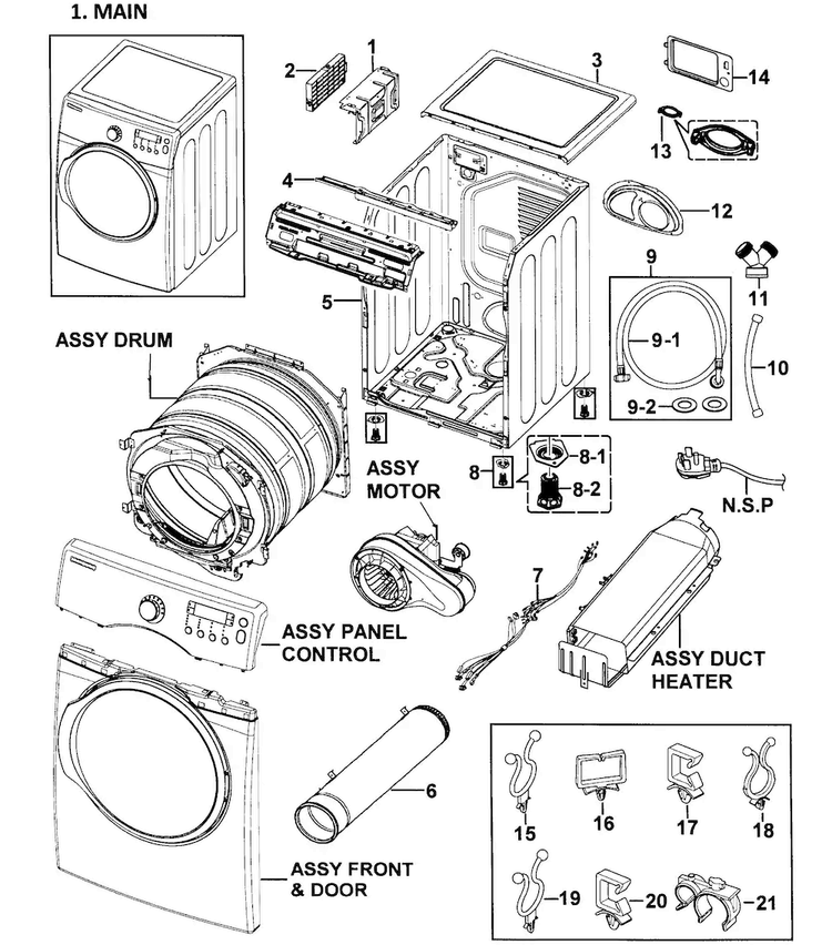 Main Assy Diagram and Parts List for DV350AER XAA-0000 Samsung Dryer