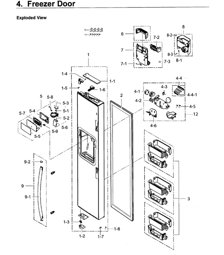Freezer Door Diagram and Parts List for RS25H5121SR AA-0002 Samsung Refrigerator