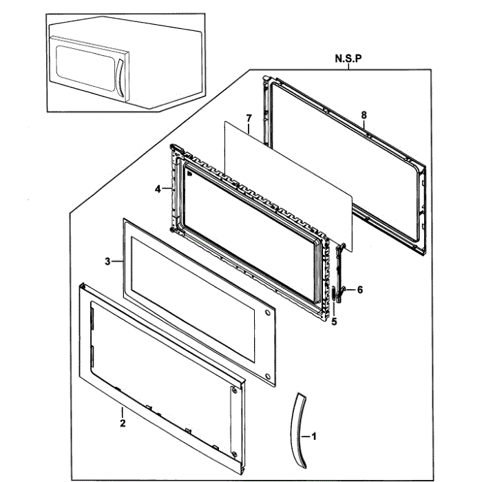 Door Assembly Diagram and Parts List for SMH9151B XAA-00 Samsung Microwave Oven Combo
