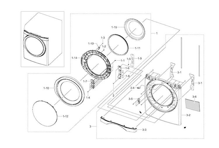 Front & Door Diagram and Parts List for DV511AEW XAA-0002 Samsung Dryer