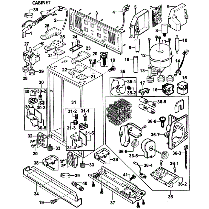 Cabinet Assembly Diagram and Parts List for RS2578WW XAA-00 Samsung Refrigerator