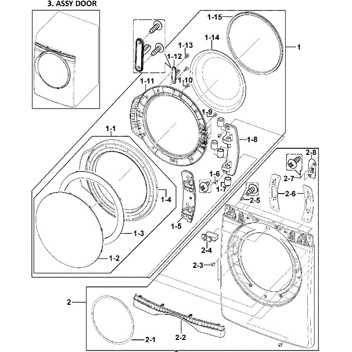 Front Assembly Diagram and Parts List for DV409AEW XAA-00 Samsung Dryer