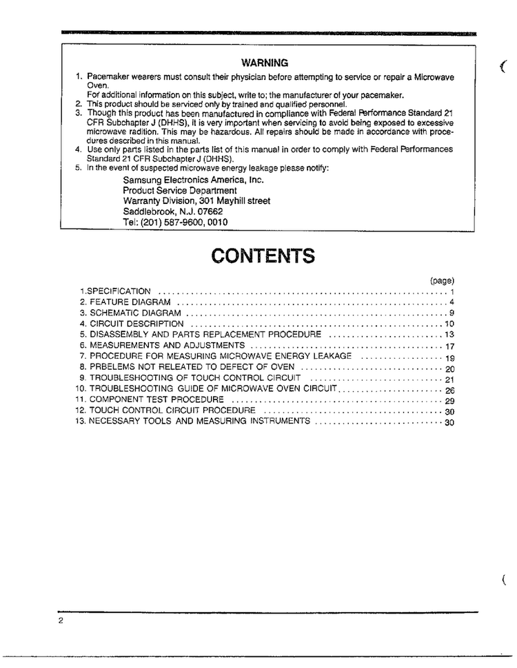 Warning/contents Diagram and Parts List for MW4530U XAA Samsung Microwave