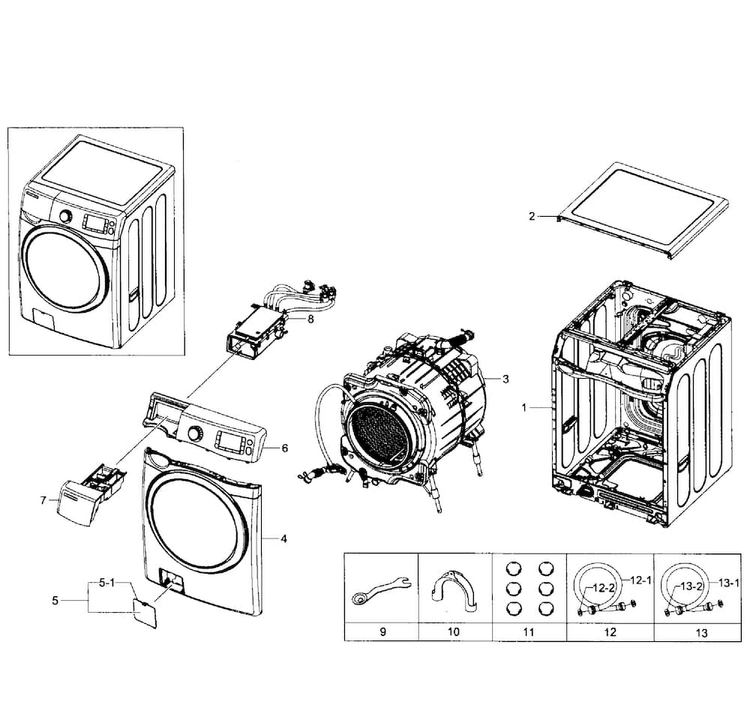 Main Assy Diagram and Parts List for WF435ATGJRA A1-0001 Samsung Washer