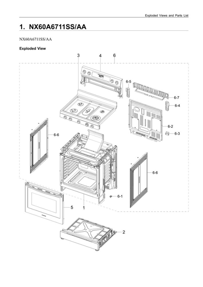 Main Unit Assembly Diagram and Parts List for NX60A6711SS AA-00 Samsung Range
