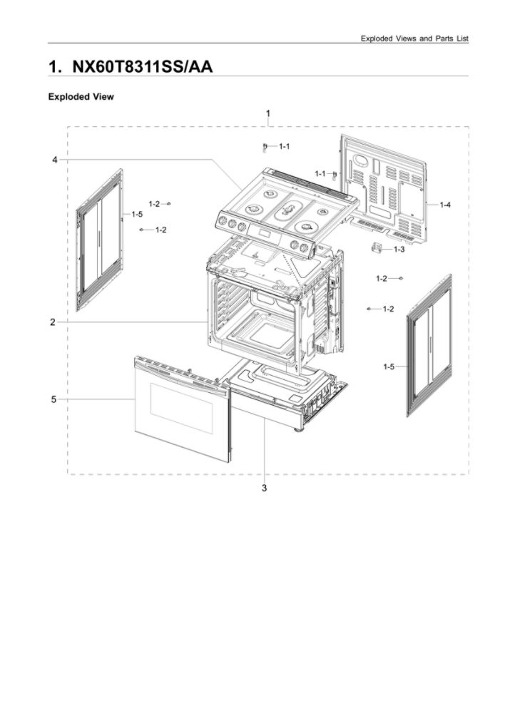 Main Assembly Diagram and Parts List for NX60T8311SS AA-01 Samsung Range