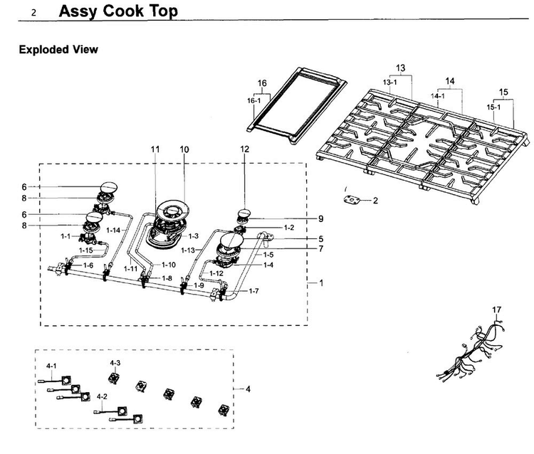 Cooktop Diagram and Parts List for NA36K6550TG AA-0000 Samsung Cooktop